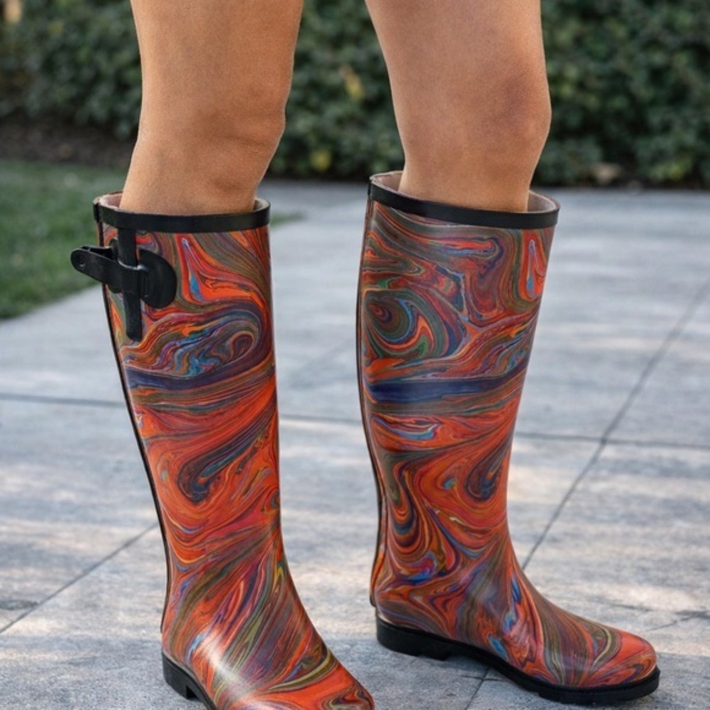 Corkys Women’s Rain Boots – Colorful Swirl Design Size 7